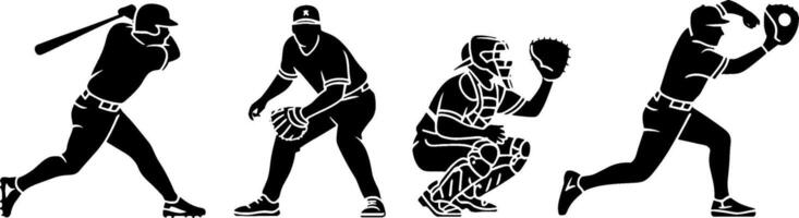 Baseball Player Silhouettes Batting Fielding Catching Running Set vector