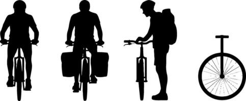 Silhouettes Cyclist Bicycle Touring Unicycle Front View Side Profile vector
