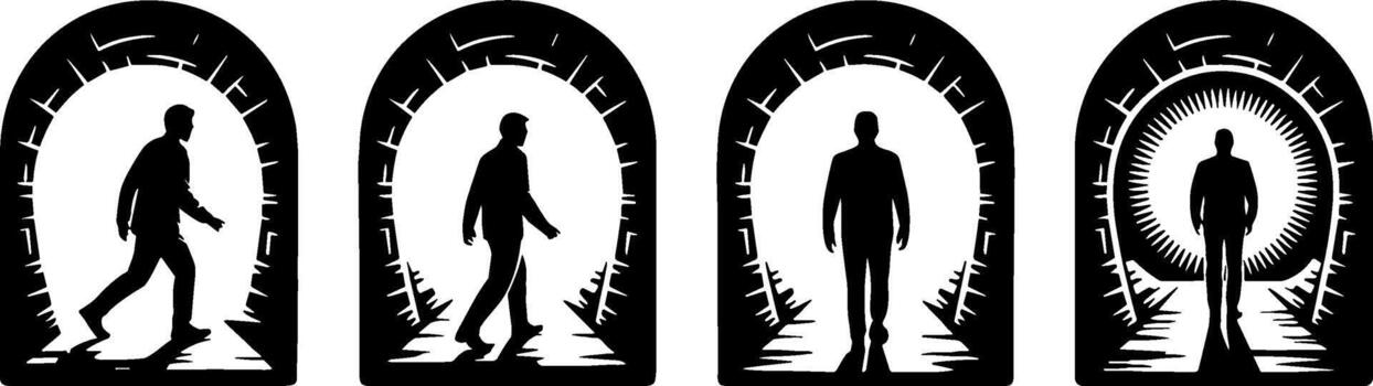 silueta hombre caminando mediante túnel puerta concepto transición vector