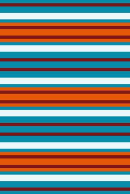 Vibrant horizontal stripes in teal, white, burnt orange, and dark brown create a bold, geometric pattern.
