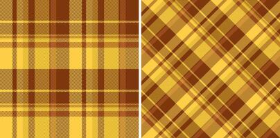 Two seamless autumnal plaid patterns in warm gold and brown tones. Perfect for textile design, fallthemed projects, or creating cozy backgrounds. vector