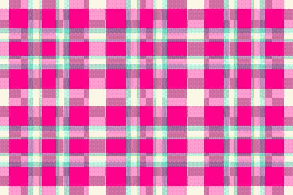 Vibrant plaid pattern. Pink and cream squares intersect with light blue and purple lines, creating a bold and cheerful design. Ideal for backgrounds, textiles, or fun projects.
