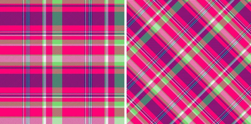 Check pattern textile of fabric plaid texture with a seamless background tartan. Set in neon colors for menswear fashion trends.
