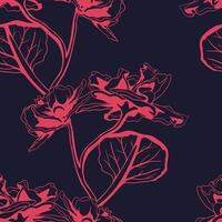 Elegant coral flowers on a deep navy blue background form a seamless pattern. vector
