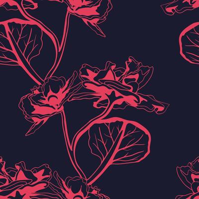 Elegant coral flowers on a deep navy blue background form a seamless pattern.