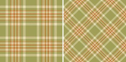 Two seamless plaid patterns in muted green, beige, and orange tones. Perfect for autumnal designs, textiles, and website backgrounds. Evokes feelings of warmth and rustic charm. vector