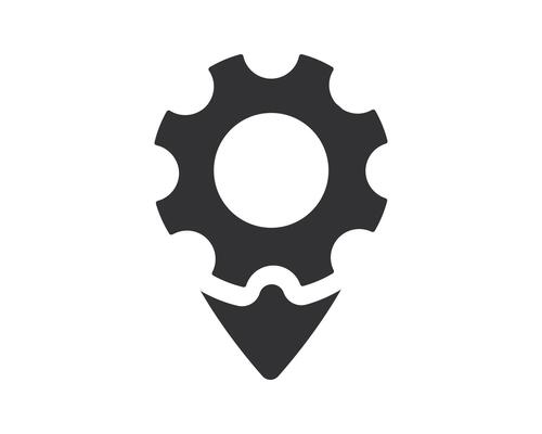 Gear pin icon. Symbol for location of machinery, industrial processes, or engineering services. Clean and modern. Ideal for web, apps and print.
