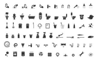 Collection of black white bathroom, sanitary, and plumbing icons. Useful for web design, infographics, and architectural plans. Symbolizing hygiene and utilities. vector
