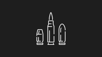 Caliber white line animation. Bullets line animation. Caliber icon animation showcasing three bullet cartridge components with dynamic motion, ideal for bulletproof vests. video