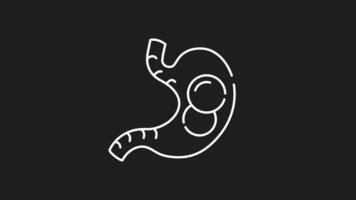 Abdominal distension white icon animation. Abdominal distension icon, a line drawing of a bloated stomach filled with food. Suitable for medical infographics, nutrition articles. Motion graphic video