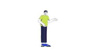 Casual asian man gesturing in lime green tshirt while speaking 2D character animation. Chinese guy in friendly and approachable pose animated person cartoon 4K isolated on white transparent video