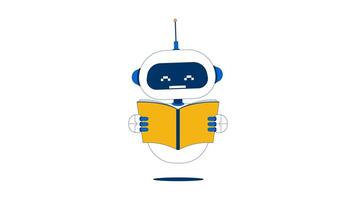 Smiling robot floating with open book 2D character animation. Artificial intelligence, education. Pixelated robotic technology reading animated personage cartoon 4K isolated on white transparent video