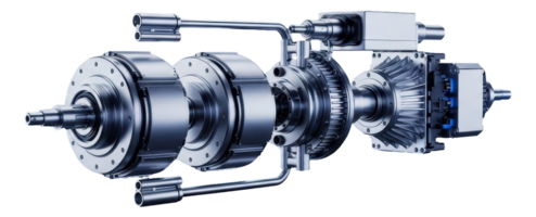 Detailed view of a complex industrial mechanical transmission system with gears and shafts png