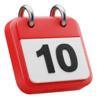 Red 3d calendar icon with number 10 for important date event or deadline reminder png