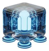 Futuristic blue glowing cube with digital circuits and abstract energy core png