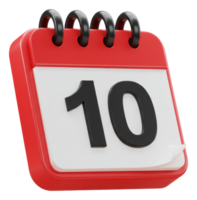 3d red desk calendar with number 10 icon for important date or event reminder png