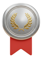 Premium silver medal with golden laurel wreath and red ribbon for success and victory png