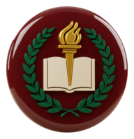 Academic 3d emblem with golden torch, open book, and laurel wreath symbol png