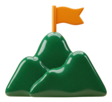 3d illustration of green mountains with an orange flag symbolizing achievement and success png