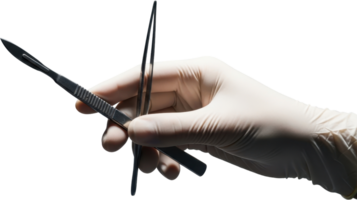 Surgeon gloved hand holding sharp scalpel and fine forceps for medical precision png