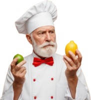 Thoughtful senior chef in uniform holding a fresh lime and a vibrant yellow lemon png