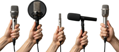 Diverse hands holding various professional microphones for audio recording and live performance png