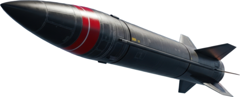 Highly detailed dark grey ballistic missile with red warning stripe and intricate panel lines png