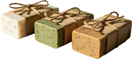 Assortment of three natural handmade soap bars wrapped in kraft paper and twine png
