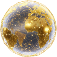 Digital earth globe with glowing gold connections representing global communication png
