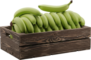 Fresh unripe green bananas stacked in a rustic wooden crate for healthy food display png