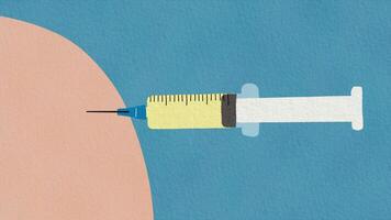 illustration of a syringe being injected into a person's arm on blue background video