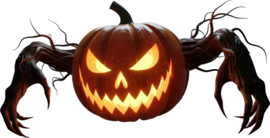 Sinister glowing jack o lantern with spooky branch arms for halloween decor png