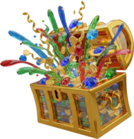 Golden treasure chest bursting with sparkling gems, gold coins, and waving ribbons png