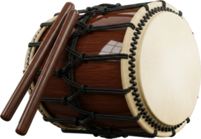 Traditional japanese taiko drum with bachi drumsticks for cultural music performance png