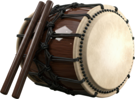 Traditional japanese taiko drum with drumsticks, a powerful percussive instrument png