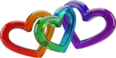 Glossy intertwined translucent heart shapes in a vibrant rainbow gradient png