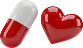 Shiny red and white medicine capsule alongside a vibrant red heart symbol png