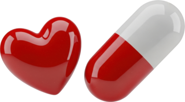 Glossy red heart and medical capsule representing health, love, and medication png