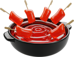 Glossy stylized tteokbokki pieces on skewers in a pot of vibrant red sauce png