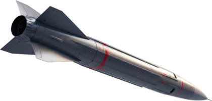 Sleek dark grey ballistic missile with red markings for modern warfare concepts png