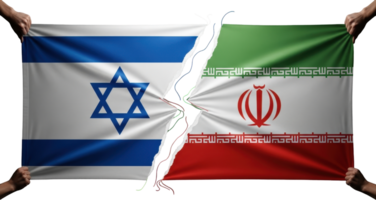Flags of israel and iran ripped apart representing geopolitical tension png