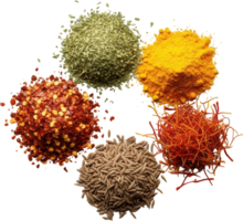 Vibrant assortment of five distinct spices including turmeric, saffron, and chili flakes png