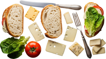 Overhead view of deconstructed sandwich with artisan bread, assorted cheeses, and fresh produce png