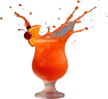 Vibrant tropical fruit cocktail splashing from a frosted glass with orange and cherry garnish png