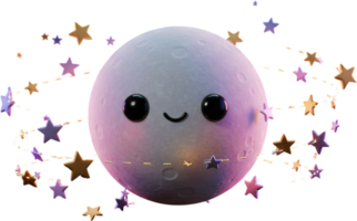 Cute 3D cartoon moon character with orbiting stars and happy face illustration png