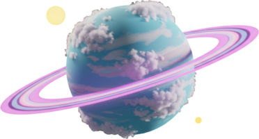 Adorable cartoon planet with soft clouds and vibrant rings floating in cosmos png