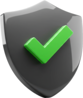 3D glossy shield with green checkmark icon for security and protection png