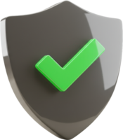 3D glossy dark shield with bright green checkmark for security and validation png