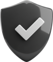 Sleek 3D black shield with white checkmark representing security and success png