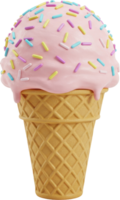 Pink strawberry ice cream scoop with rainbow sprinkles in waffle cone png
